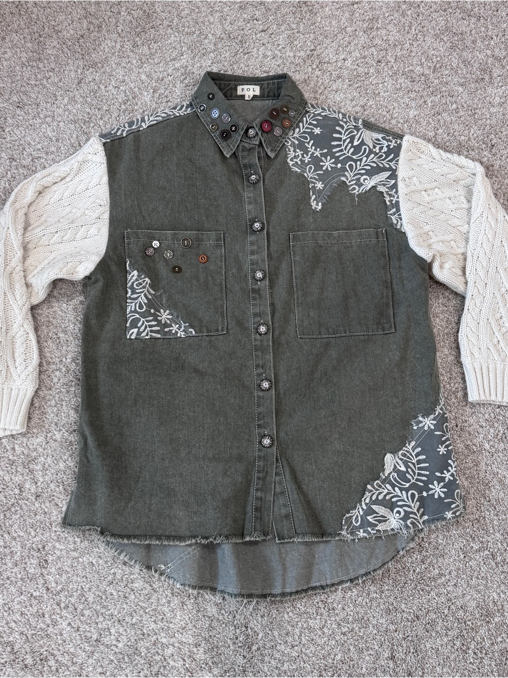 POL NWOT Olive Embroidered Patchwork Cable Knit Sleeve Shacket S - Picture 4 of 12
